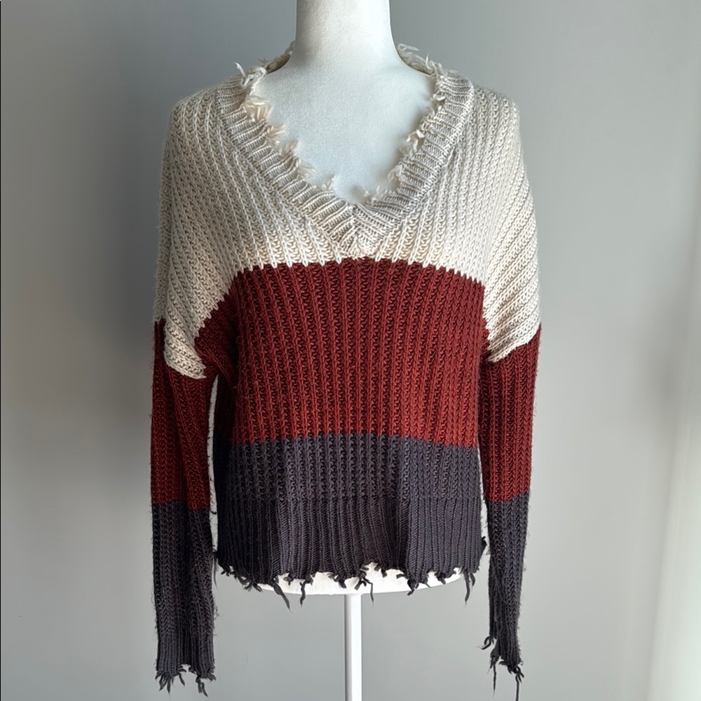 Colorblock V-Neck Frayed Sweater